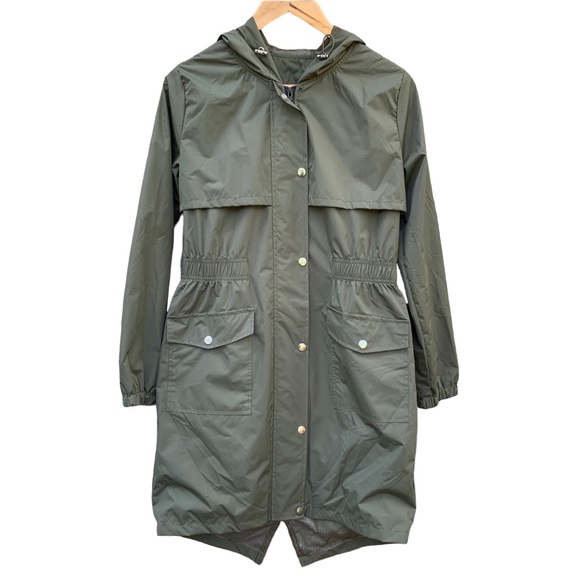 Olive Green Long Hooded Rain Jacket Women Size Small - Picture 1 of 14
